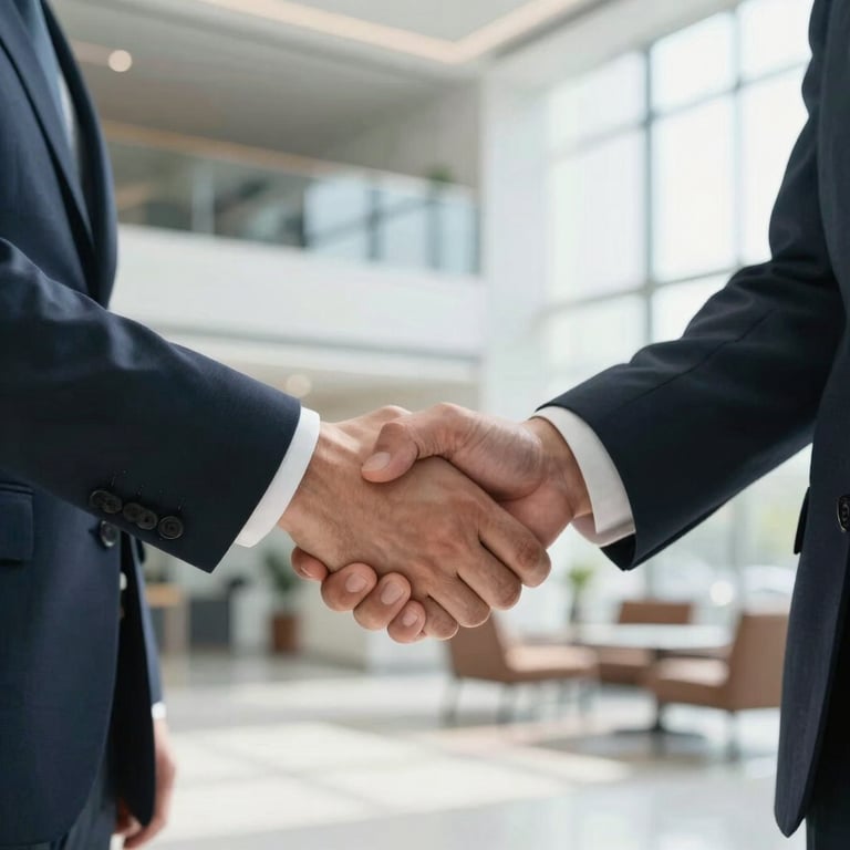 Business handshake in a bright, professional lobby, symbolizing trust and partnership in a corporate environment.