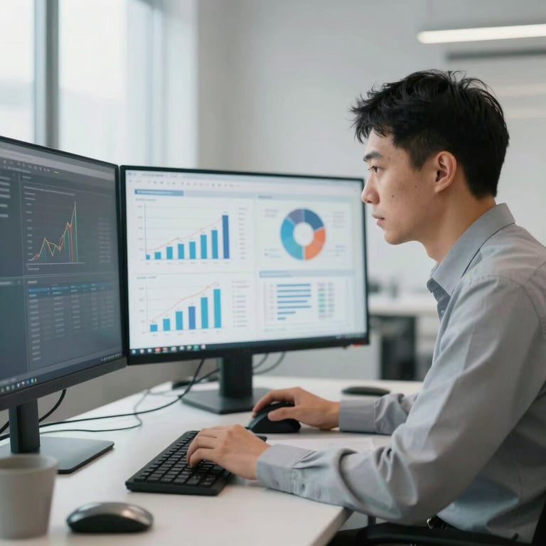 A focused professional reviewing financial analytics on multiple screens in a clean, minimalist office.