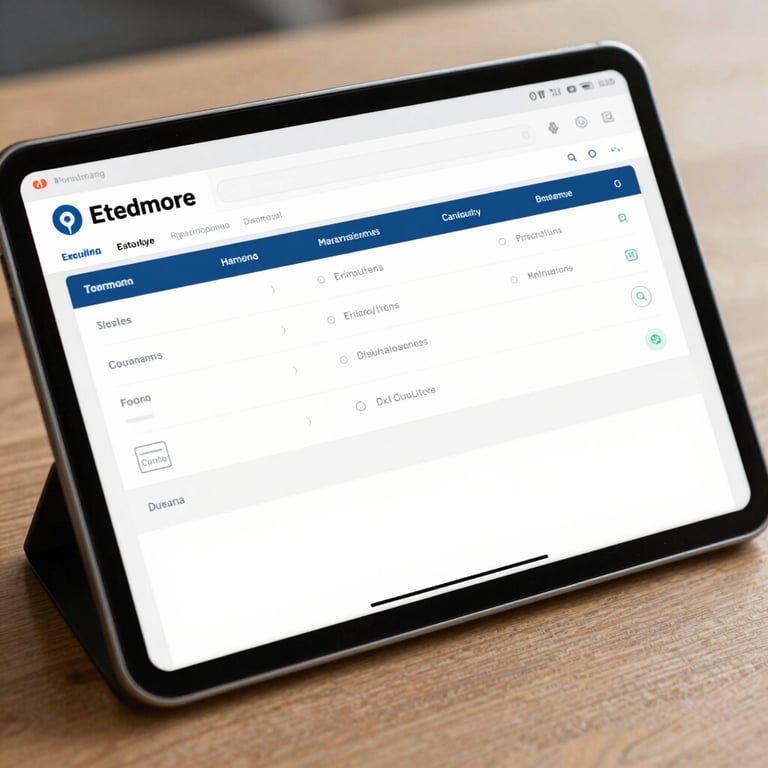 Close-up of a tablet displaying a clean, professional enterprise dashboard in a well-lit business setting.