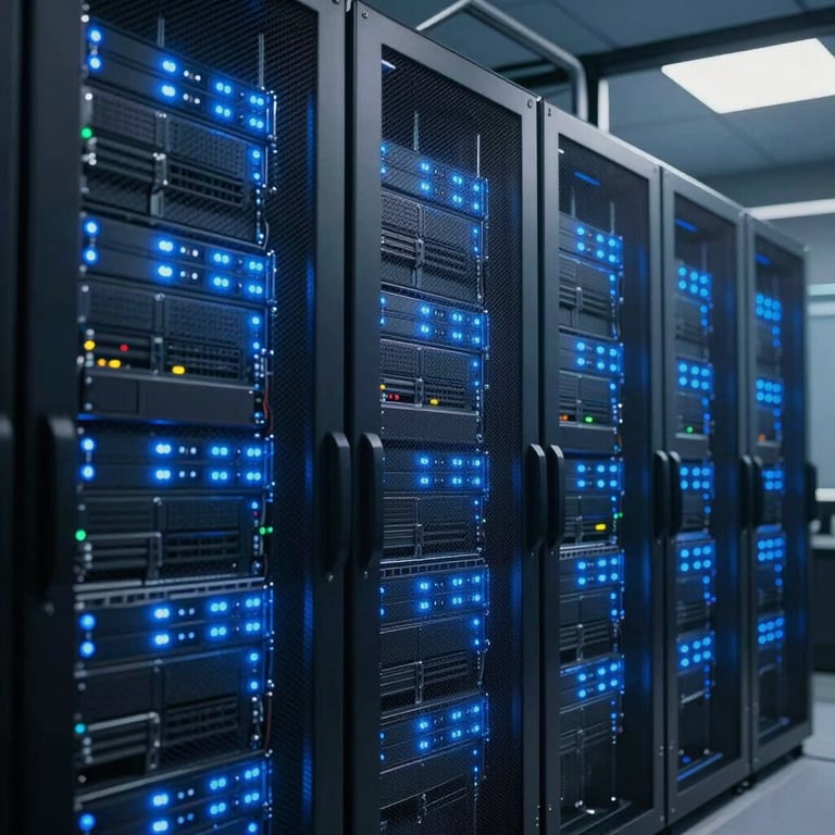 Interior of a high-tech data center with glowing blue server lights, representing cloud security and stability.