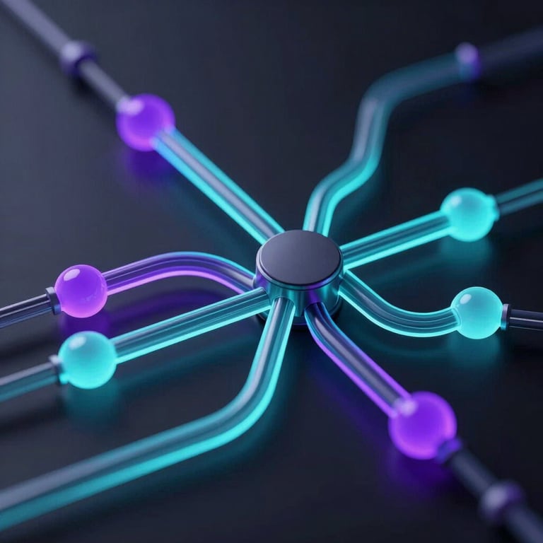 Sleek 3D render of abstract connected data pipelines with neon cyan and violet glowing nodes, dark obsidian background, dramatic low-key lighting, macro depth of field.