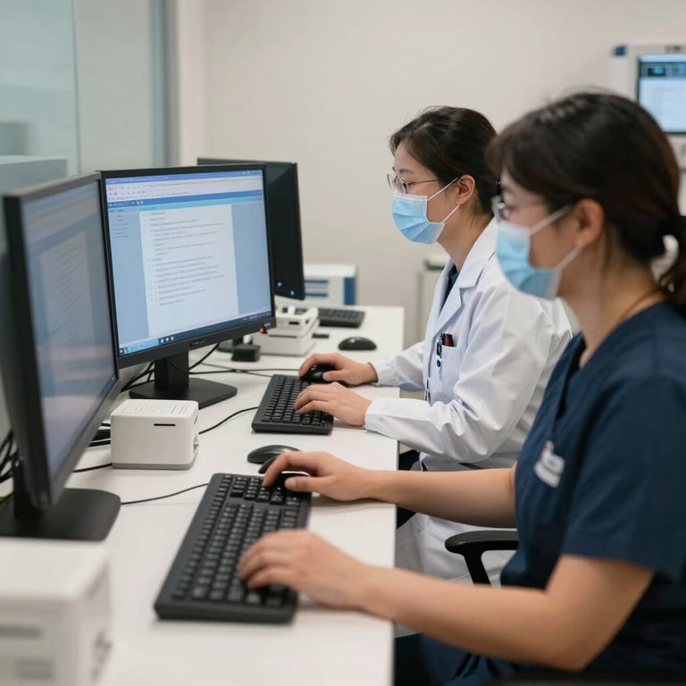 A sharp photograph of a high-tech North American medical billing center with professionals working on dual screens, focused and professional.