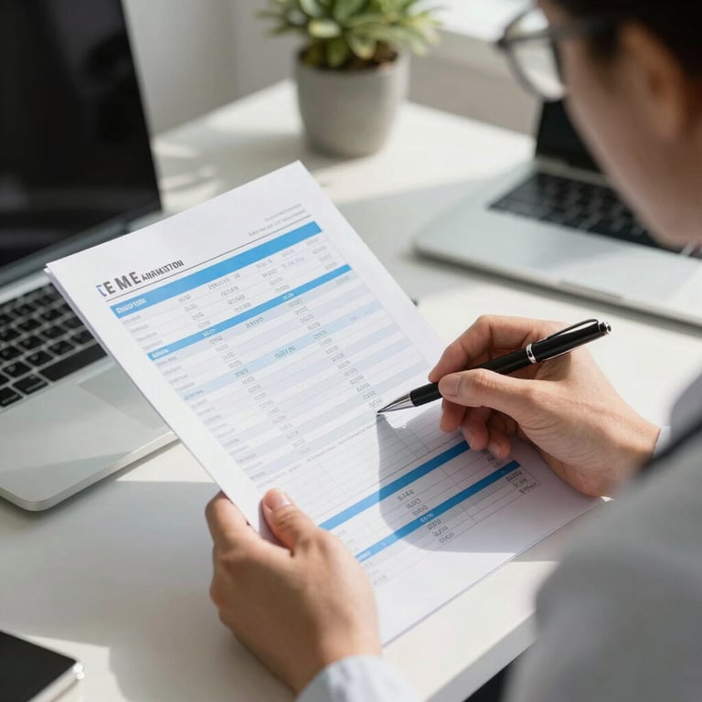 A professional medical billing consultant reviewing a detailed financial report with royal blue highlights in a sunlit office.