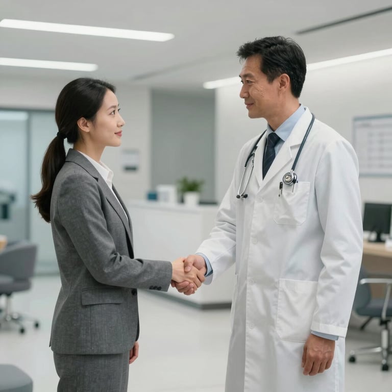 A North American doctor and a billing specialist shaking hands in a modern, clean medical office lobby with grey and white decor.