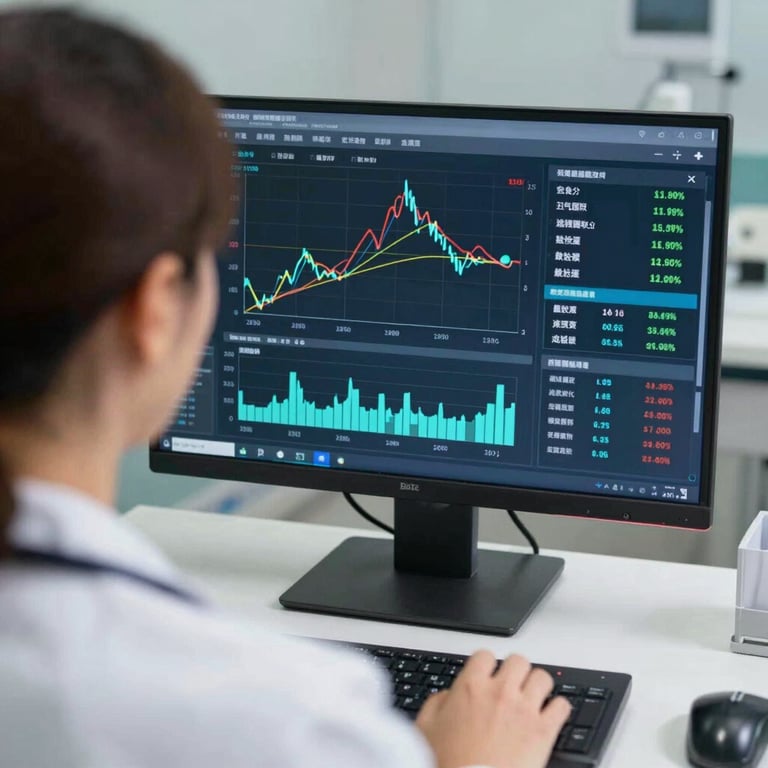 An over-the-shoulder shot of a healthcare professional viewing a dashboard showing increased revenue trends on a monitor.