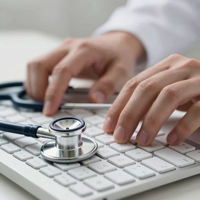 Close-up of hands typing on a modern keyboard next to a medical stethoscope, conveying the intersection of medicine and technology.