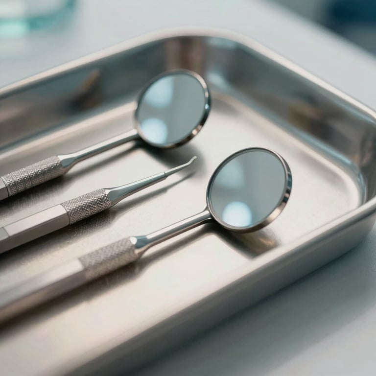 Close-up of polished dental mirrors in a sterile tray, reflecting soft light blue and off-white tones in a North American / US clinic.