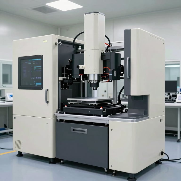 Modern cleanroom interior with advanced automated manufacturing equipment, following a professional off-white and dark gray color scheme.