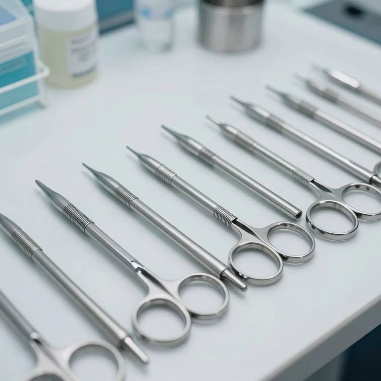 Rows of finished medical-grade stainless steel instruments on a bright quality control workbench with even, authoritative lighting.