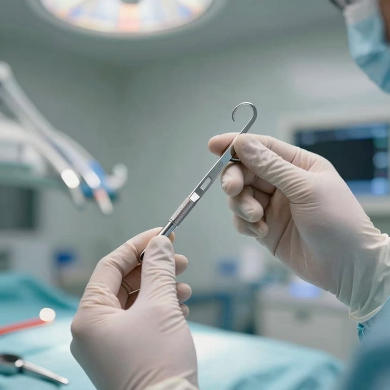 Gloved hands of a surgeon holding a Rams Dental instrument set, soft focus on a North American / US hospital operating room background.
