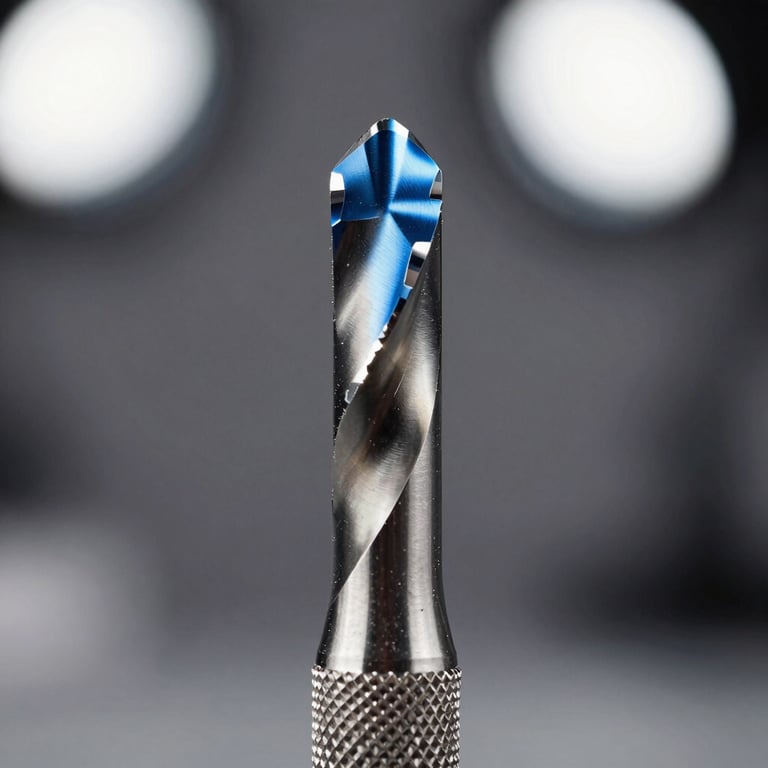 Detailed macro photography of a precision-engineered dental drill bit with steel blue highlights and professional studio lighting.