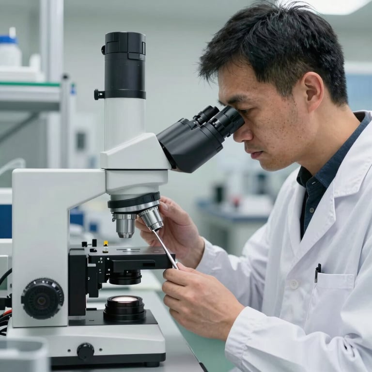 A technician in a white lab coat examining a surgical forceps under a microscope in a high-tech North American / US manufacturing facility.