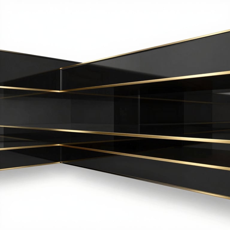 A luxury tech aesthetic background with abstract black glass layers and gold edges.