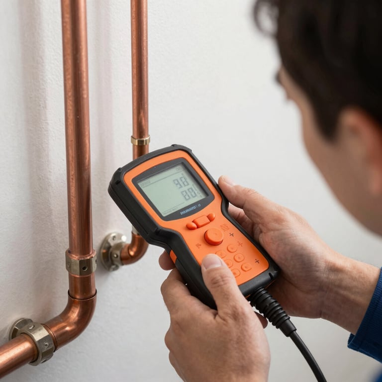 A plumber inspecting copper pipes with a professional leak detection device, clean lighting.