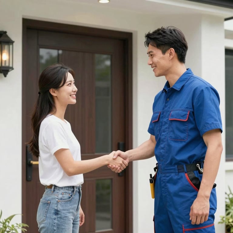 A happy customer shaking hands with a professional plumber at the front door of a modern US house.