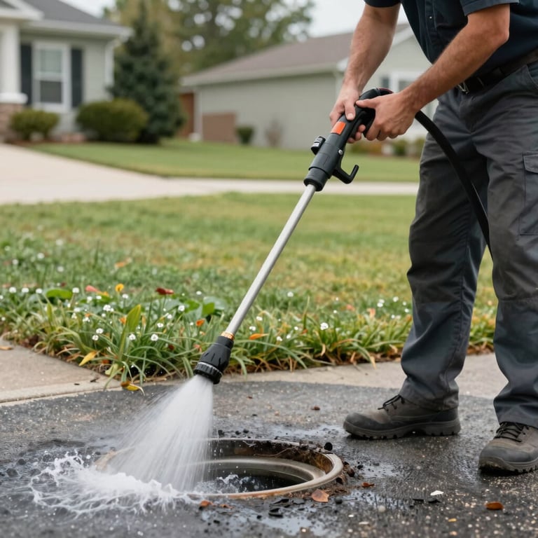 A plumber using a high-pressure water jetter to clear a drain in a North American / US residential driveway.