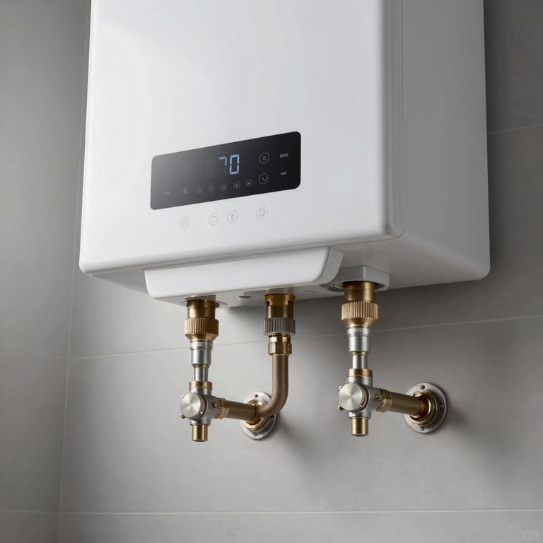 Close-up of a new energy-efficient water heater being installed in a clean utility room.