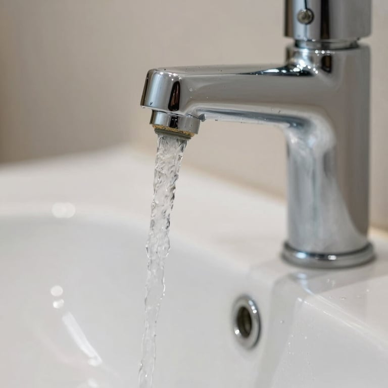 Close-up of clean water flowing from a newly repaired luxury bathroom faucet.