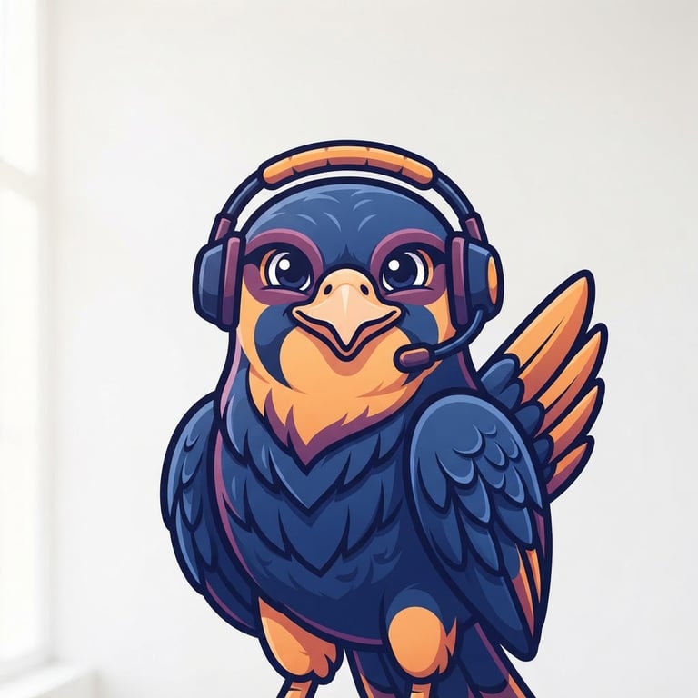 A friendly, minimalist vector illustration of a clean falcon mascot wearing a small headset, smiling, orange and purple accents, solid white background.