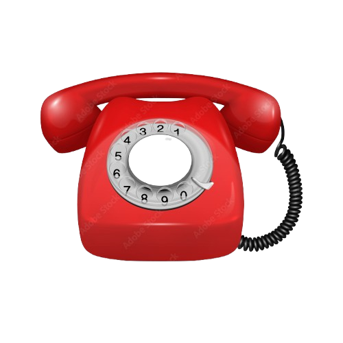 A vintage classic red rotary dial telephone with a coiled black cord isolated on a white background.