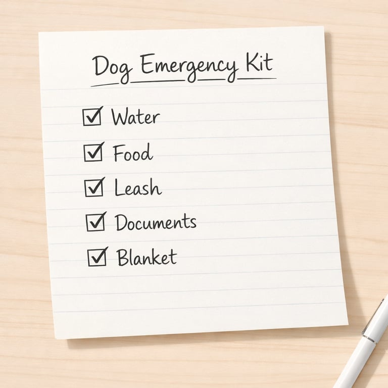 Handwritten dog emergency kit checklist on a notepad with water, food, leash, and documents.