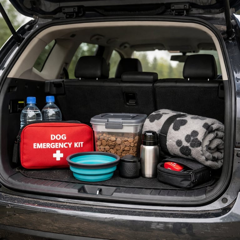 Dog emergency kit with food, water, and blanket in a car trunk for pet travel safety.