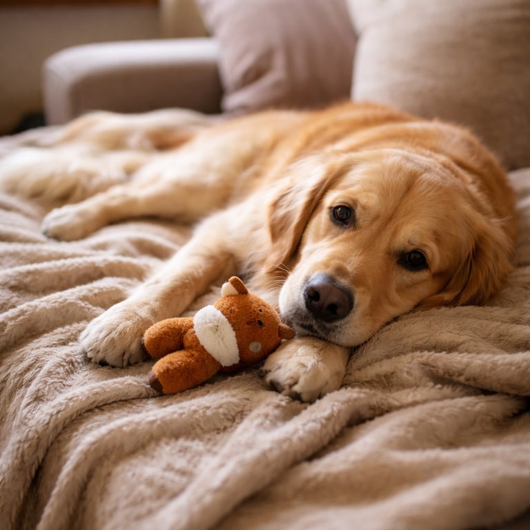 Golden Retriever dog lying on a cozy sofa with a small plush bear toy.