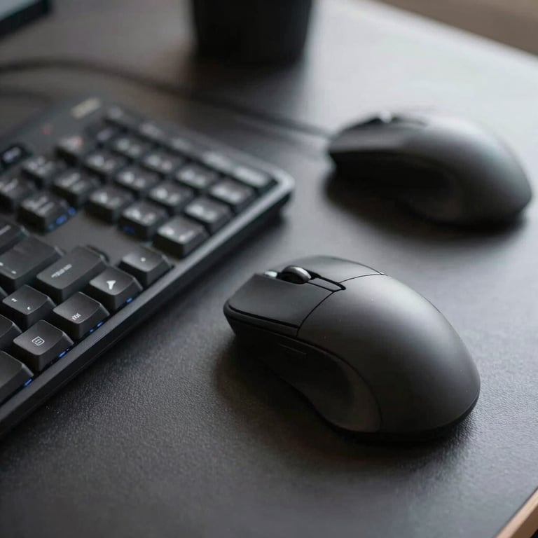 Close-up of a high-end keyboard and mouse on a dark, professional desk with soft lighting.