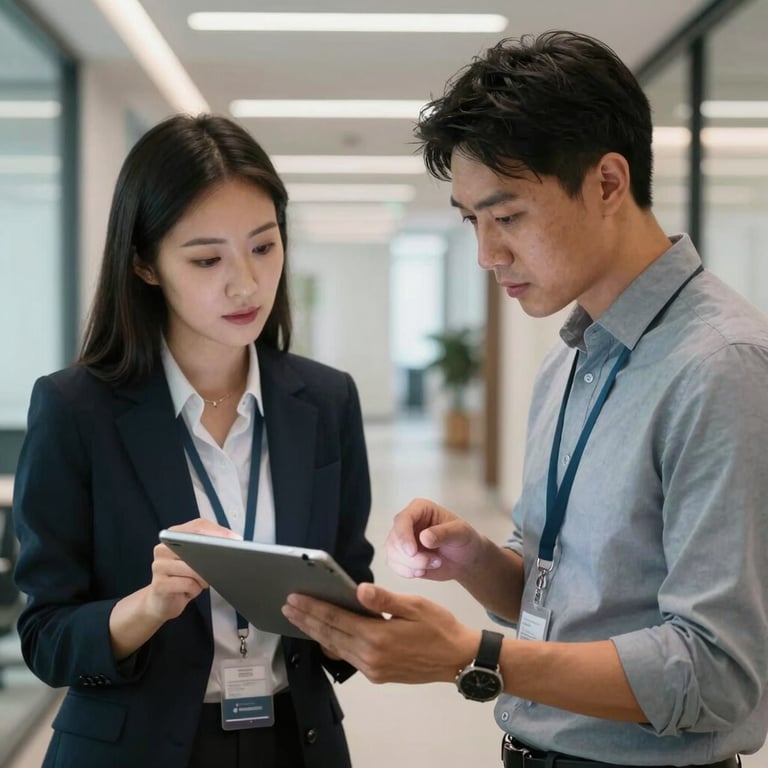 Two professionals discussing data analytics on a large tablet in a modern office hallway.