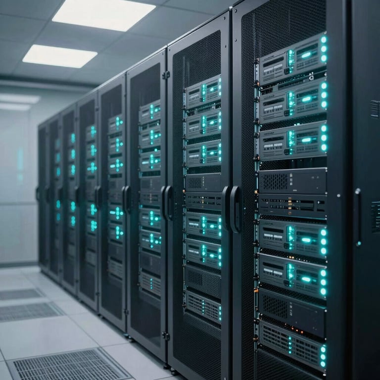 Interior view of a modern data center with soft cyan glowing lights and server racks.