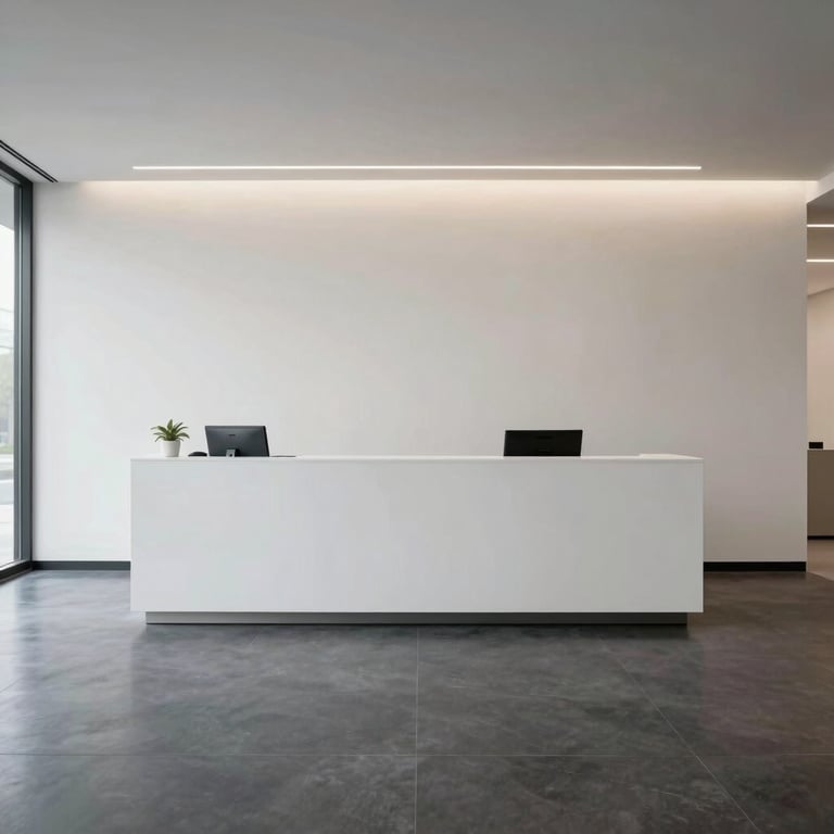 A minimalist reception area of a tech company with polished dark floors and off-white walls, North American / International.