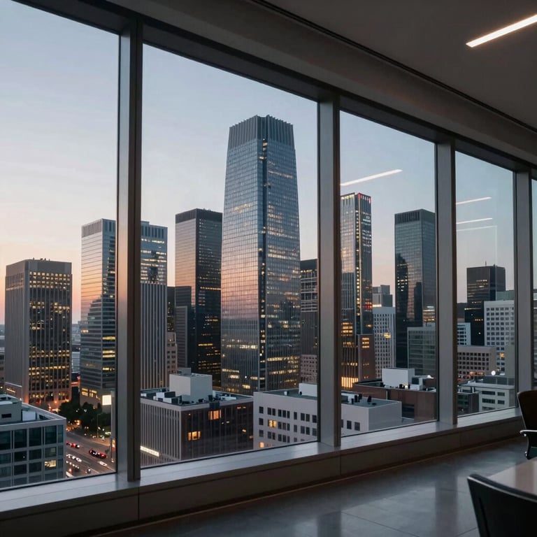 A wide shot of a futuristic city skyline seen through a corporate office window at dusk.