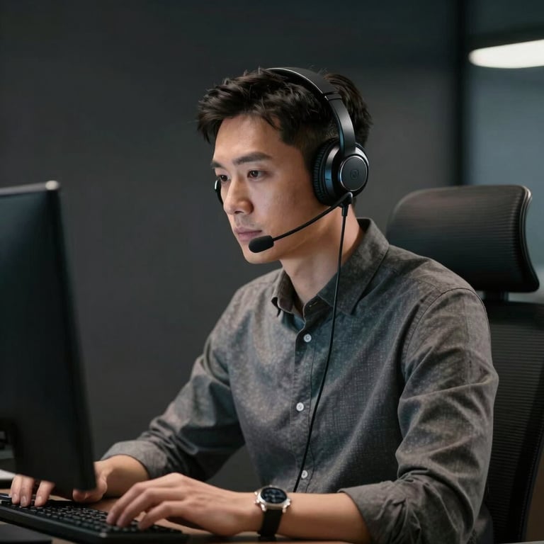 A professional wearing a modern headset, looking focused while working in a sleek dark office, North American / International.