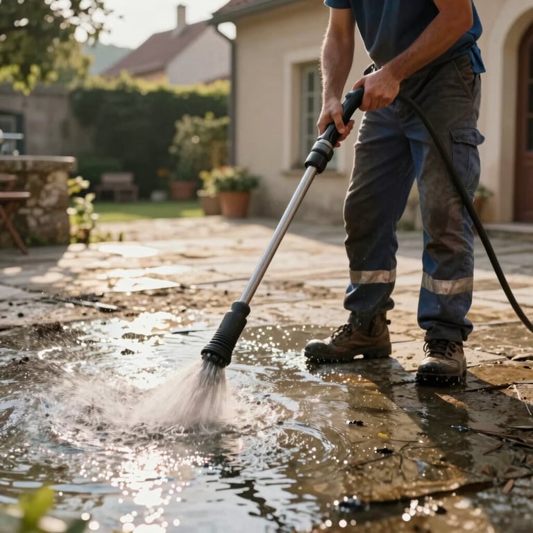 A worker cleaning a stone terrace with a pressure washer in a Central European / French country courtyard, warm sunlight reflecting in the water.