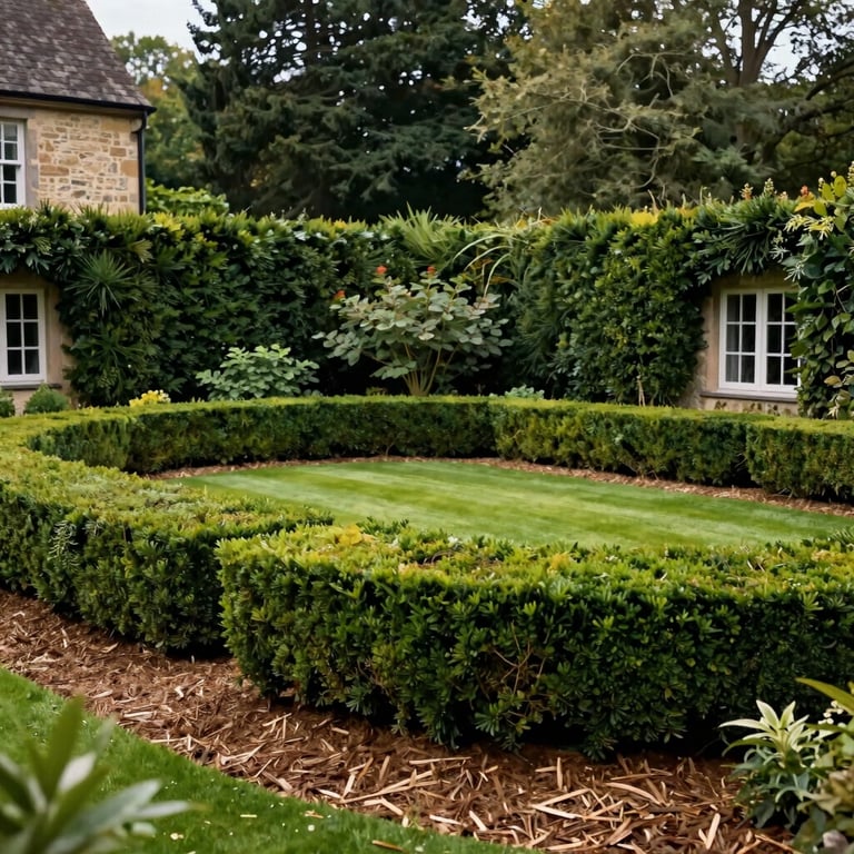 Perfectly manicured lawn and hedges of a traditional house in the Meys region, highlighting earthy brown mulch and vibrant forest green foliage.