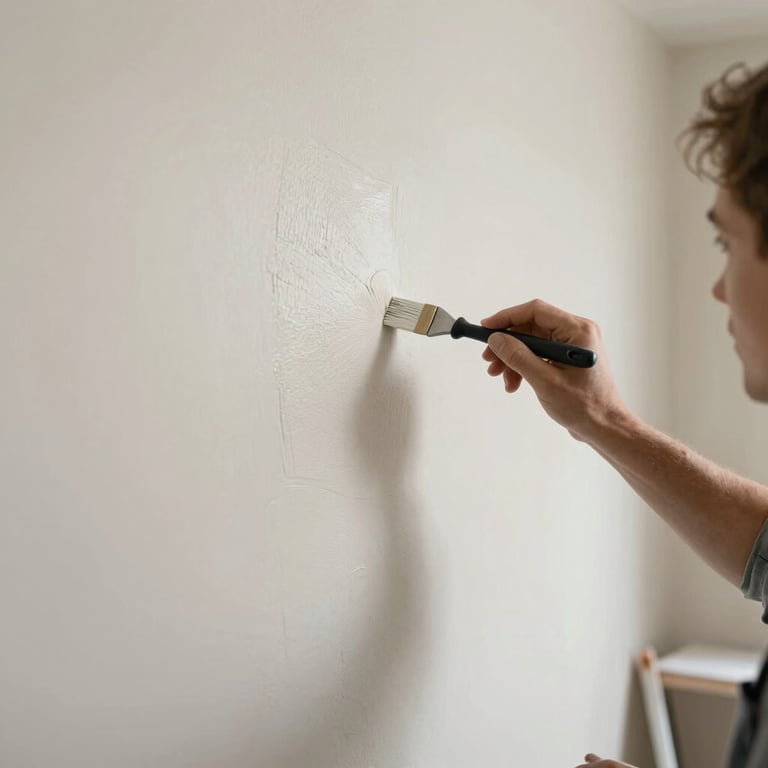 Interior view of a professional painting a wall in a soft off-white shade, using clean tools and precise technique in a French home.