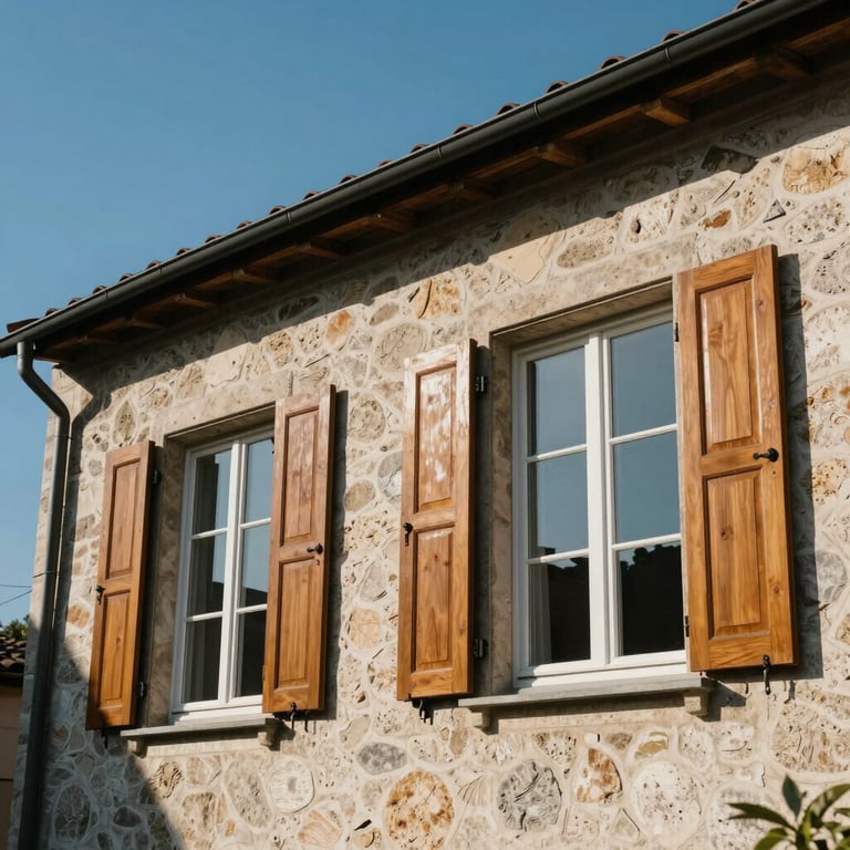 Exterior shot of clean, sparkling windows on a house with traditional stonework and amber-colored shutters under a clear blue sky.
