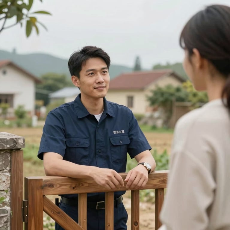 A friendly professional in uniform talking to a homeowner at a wooden gate, showcasing a professional and accessible relationship in a village setting.