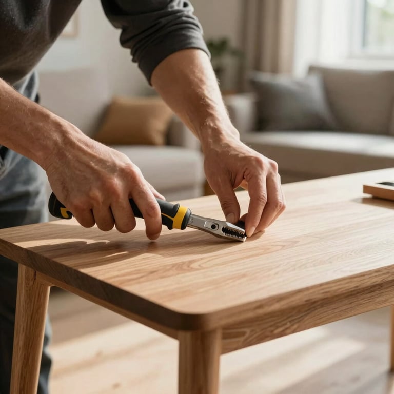 Close-up of hands assembling a modern wooden furniture piece with professional tools in a sunlit Central European / French living room.
