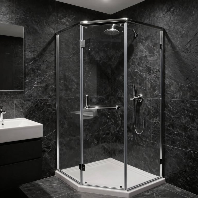 A luxurious modern bathroom in a Northern European home with charcoal black stone walls and a sleek walk-in shower.