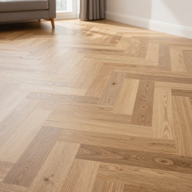 Detailed shot of a perfectly installed light oak herringbone laminate floor in a bright, spacious Dutch living room.