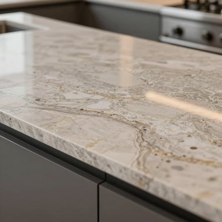Close-up of high-quality craftsmanship on a natural stone kitchen countertop, reflecting a modern and professional finish.