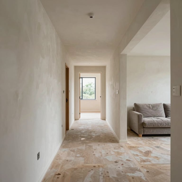 A wide-angle shot of a completed home renovation in South Holland, showing a seamless transition between a plastered hallway and living area.