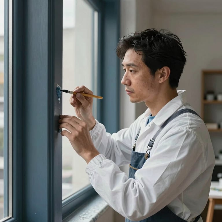 A professional painter in clean workwear carefully painting a window frame in a sophisticated dark slate blue color.