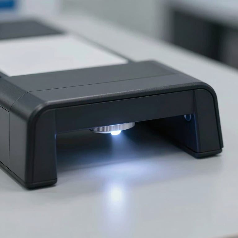 Close-up of a high-tech package scanner with a laser light reflecting off a clean surface, emphasizing precision and detail.