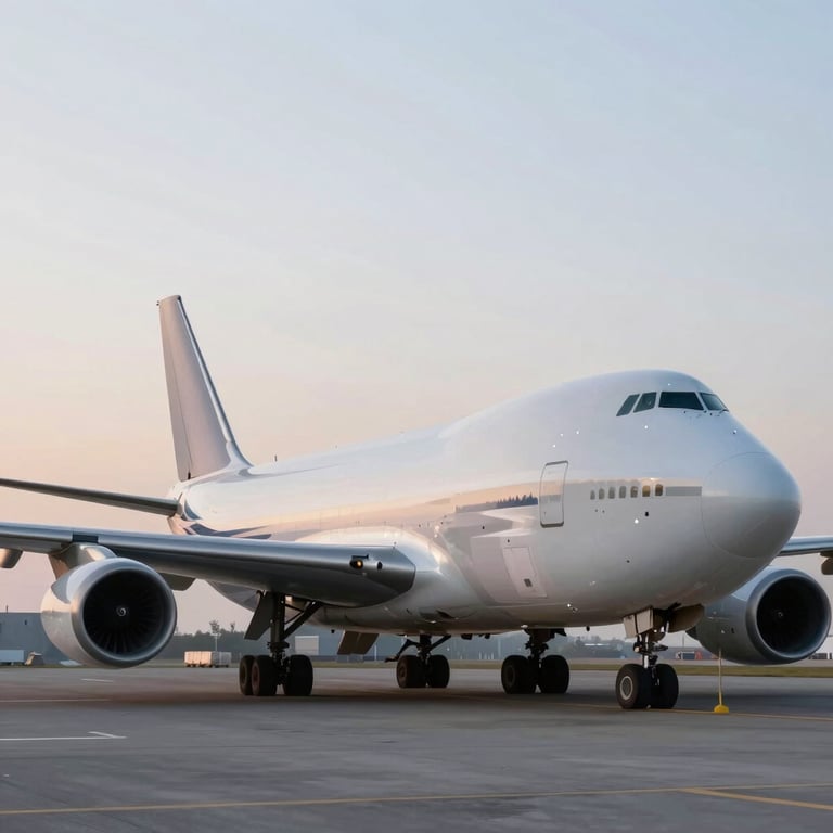 A massive cargo plane loading freight at dawn, with a palette of #0A1F2C and #F4F7FC creating a mood of reliability and scale.