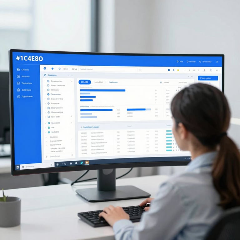 A professional logistics coordinator analyzing complex data on a curved monitor featuring #1C4E80 UI elements in a sleek office.