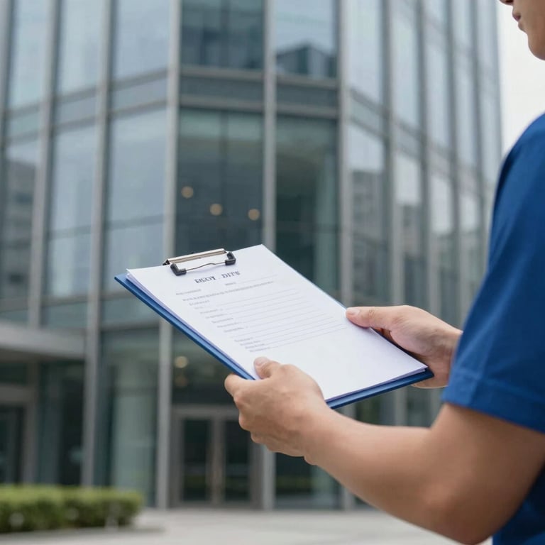 A courier hand-delivering a secure document to a glass-walled office building, emphasizing professional trust and personal service.