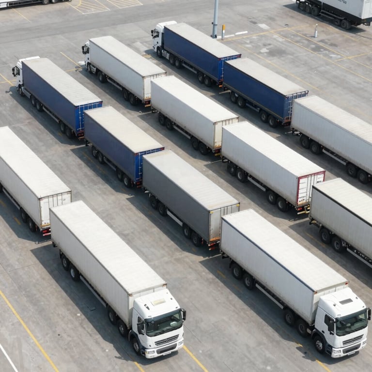 An overhead shot of a perfectly organized shipping terminal with trucks aligned perfectly, showcasing operational excellence and order.