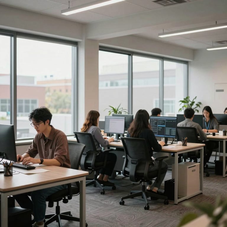 A collaborative team workspace with large windows and clean, modern furniture in a North American creative agency.
